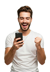 Joyful Young Man Celebrating Success on Smartphone, Isolated on a Transparent Background