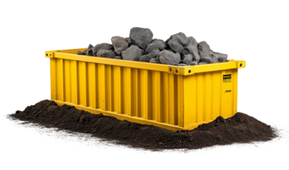 Yellow skip bin filled with rocks on dark soil dumpster isolated on a transparent background