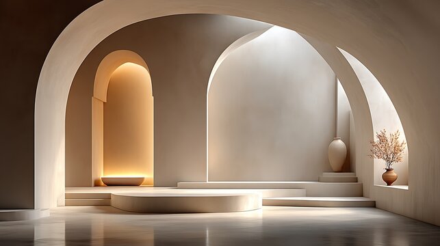 Cream color podium with curved arch backdrop, illuminated by soft studio light, left blank wall for headline placement, perfect minimalist background for luxury product or lifestyle showcase.