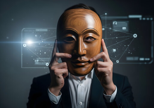 Intriguing businessman wearing wooden mask portraying complex emotions in a tech-infused world, exploring identity and digital transformation for modern business narratives