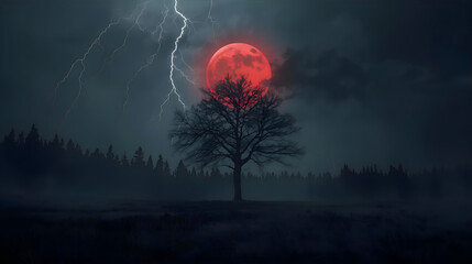A lone tree stands silhouetted against a blood-red moon during a stormy night.