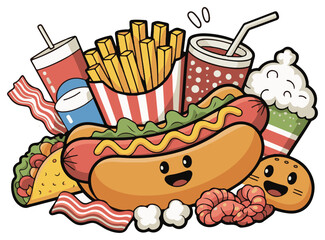 Cute Fast Food Cartoon Icons – Hotdog, Fries, Taco & Soda Pack