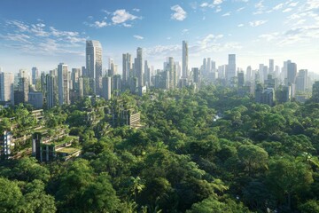 High-rise buildings intertwine with abundant greenery in a vibrant urban landscape showcasing sustainability and harmony with nature during daylight