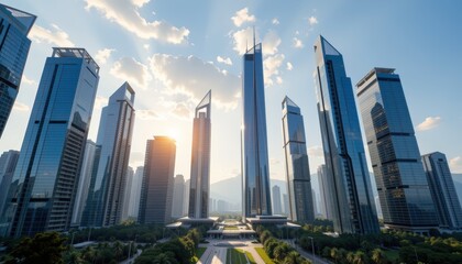 Fototapeta premium Modern skyline featuring tall skyscrapers under a bright sky.