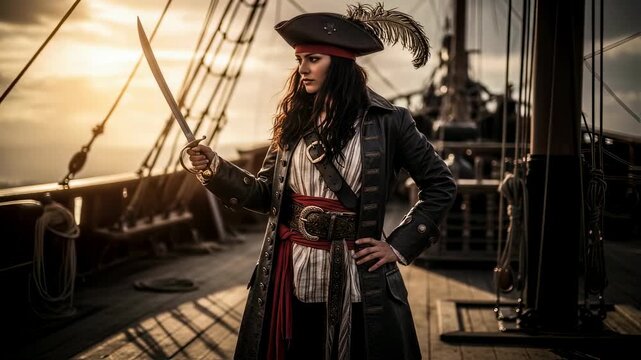 Woman pirate captain on ship deck with saber, ready for adventure during Halloween, character concept animation.