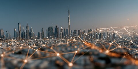 Dubai smart city skyline with data management network connections between buildings, AI powered energy management for sustainable urban life, technology landscape