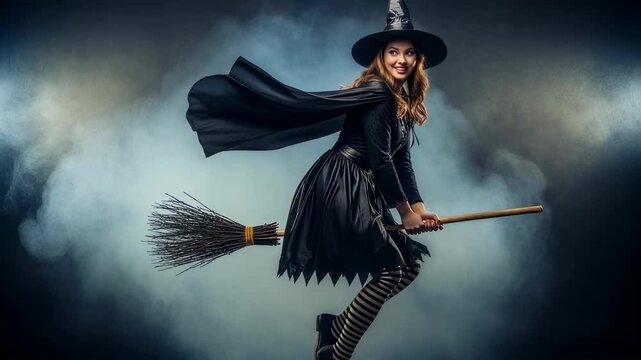 Young woman in witch costume flying on broomstick. Halloween witch on broom with smoke background. Halloween celebration footage.