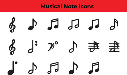 Collection of musical note icons simple black line art symbols for music, melody, and sound design, perfect for web, print, and branding
