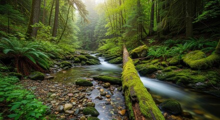 Fototapeta premium Tranquil forest stream with mossy logs and vibrant green ferns under soft sunlight in a lush woodland