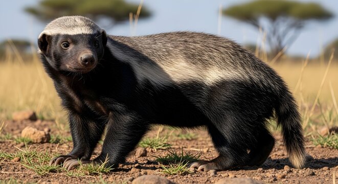 A honey badger standing in a grassy field looking at the camera with trees in the background scene outdoors