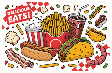Cute Fast Food Cartoon Icons – Hotdog, Fries, Taco & Soda Pack