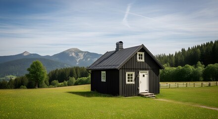 Obraz premium A small black house with white trim in a green field with mountains and trees in the background on a sunny day