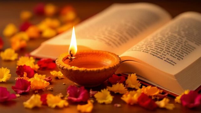 Hindi divas celebration traditional oil lamp illuminates ancient book with flower petals symbolizing language and heritage