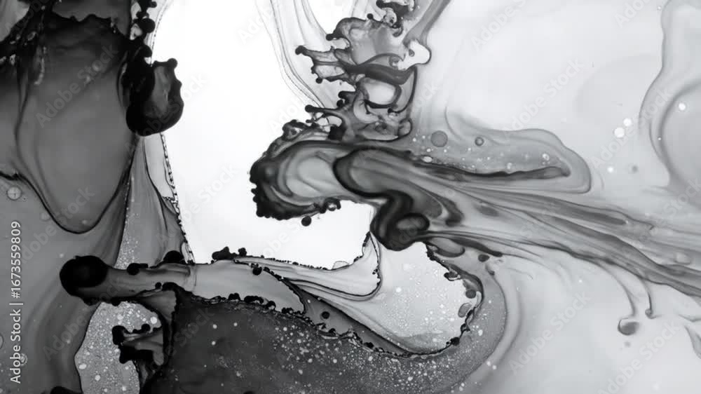 Poster abstract fluid ink texture in shades of black and white creating a dynamic and flowing artistic mono