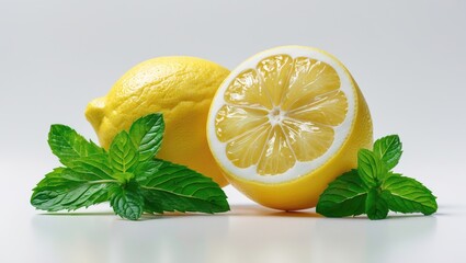 A whole lemon, a lemon half sliced, and fresh mint leaves arranged on a white surface.