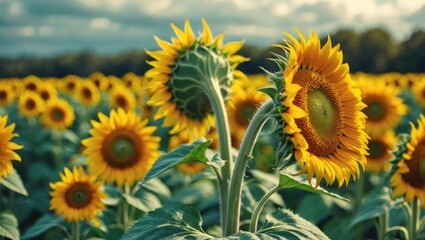 Sunflower field featuring blooming sunflowers, vibrant yellow petals, and green leaves under a partly cloudy sky.