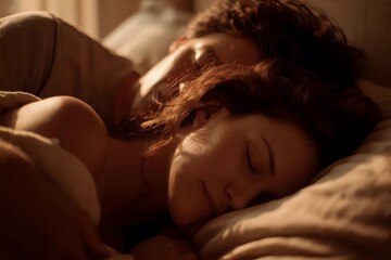 A couple sleeping peacefully in warm light.