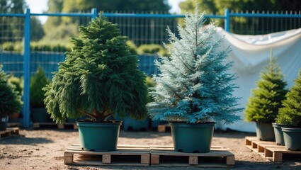 Three potted evergreen trees on wooden pallets outdoors with a blue fence in the background.