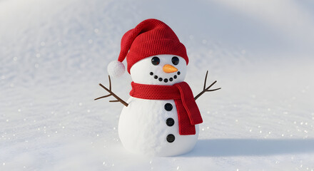 Obraz premium A cheerful snowman greets winter with a bright red hat and scarf standing in a snowy wonderland