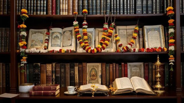 Celebrating hindi divas with traditional books and ornate garlands symbolizing rich indian culture and literary heritage