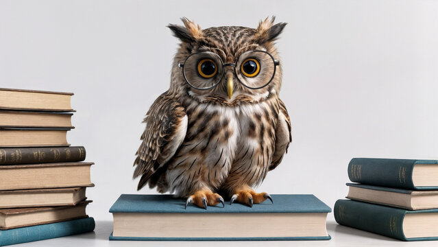 Weise Eule mit Brille sitzt auf einem Buch, ruhig und nachdenklich, weise Vogel umgeben von B&uuml;chern, vor wei&szlig;em neutralem Hintergrund. Symbol f&uuml;r Wissen und Weisheit.