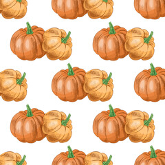 Hand drawn vintage seamless pattern with pumpkins in rustic autumn harvest style, detailed retro food illustration background
