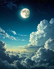 Full moon night sky, clouds