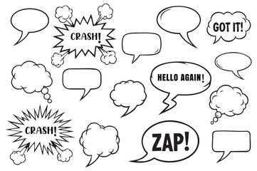 Collection of comic book speech bubbles and sound effects for dialogue and action