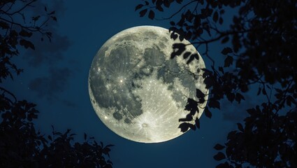 Naklejka premium Full moon in the night sky seen through silhouetted tree branches. Celestial scene with natural moonlight illumination.