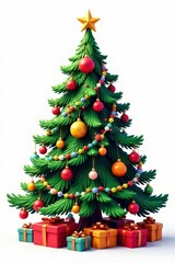 Ornate Christmas tree with colorful gifts, white background , design, presents