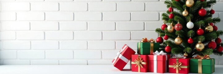 Ornate tree, piled presents, white brick backdrop Ample copy space , winter, white brick wall