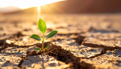 Tiny green plant sprouting from dry cracked desert soil, fresh leaves. Harsh, arid environment.