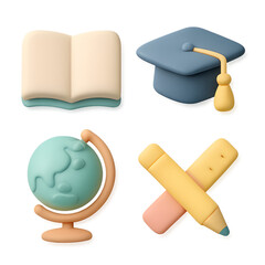 Education clay pastel icons set isolated on transparent background open book graduation cap globe and pencil ruler soft 3D style