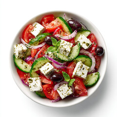  Overhead View of Fresh Greek Salad With Feta Cheese in White Bowl