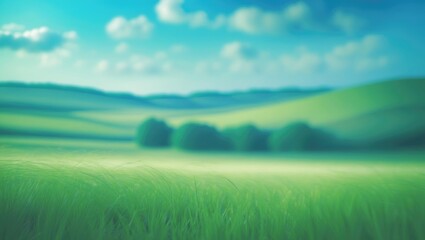 Fototapeta premium Lush green fields and rolling hills under a partly cloudy sky, showcasing a peaceful rural landscape.