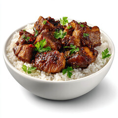 Fototapeta premium Filipino Adobo Chicken Dish Served over White Rice in a Bowl