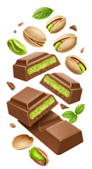 Fototapeta premium Chocolate bar with pistachio filling surrounded by shelled and unshelled pistachios and fresh green leaves, perfect for food packaging or dessert promotions