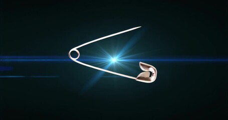 Blue flare initiating rotation, metallic safety pin spinning open and closing to reveal spring - Powered by Adobe