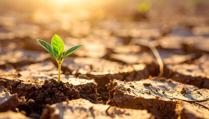 Tiny green plant sprouting from dry cracked desert soil, fresh leaves. Harsh, arid environment.