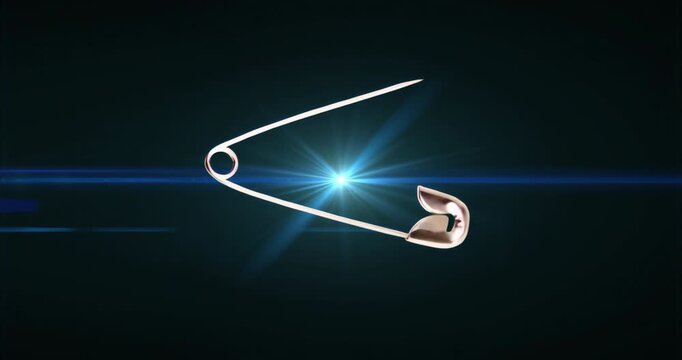 Blue flare initiating rotation, metallic safety pin spinning open and closing to reveal spring