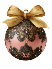 Pink gold Christmas ornament, elaborate baroque filigree patterns, dark bronze scrollwork, pearls, golden silk ribbon bow isolated on transparent background.
