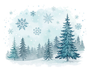 Winter snowflakes & pine trees in watercolor style