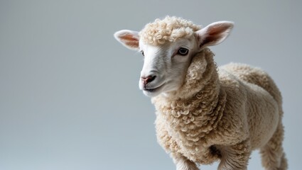 Young sheep with woolly coat and small horns, facing slightly to the left. The farm animal is ideal for breeding and wool production.