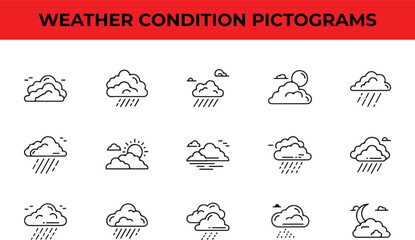 Weather condition pictograms featuring clouds, rain, sun, and mountains, representing various weather conditions in a simple and minimal design