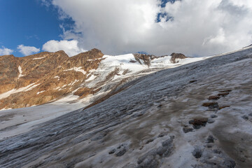 View of Barba d'Orso steep glacier surface. The glacier is in rapid retreat caused by global warming. Vallelunga, Alto Adige, Italy