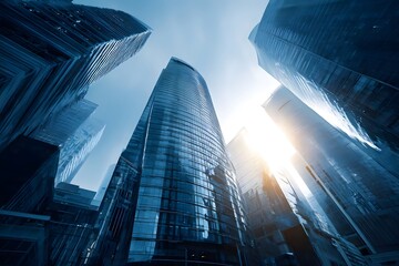 Tall skyscrapers in a modern city with sunlight shining through.