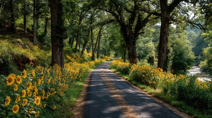 Fototapeta premium Sunflowers line a country road through a lush forest