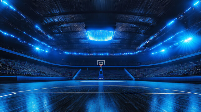 Modern Indoor Basketball Arena with Blue Lighting. A futuristic indoor basketball stadium illuminated with striking blue lights. The polished court floor reflects the glow with a basketball hoop.