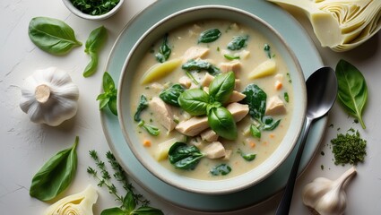 Fresh chicken and spinach soup with garlic, herbs, and cheese, served in a bowl with basil leaves and a dark spoon; surrounded by ingredients and greenery.