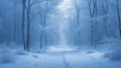 Snow-covered forest path in winter during foggy weather with tall, leafless trees.